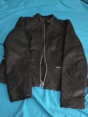Baccini Black Faux Leather Moto Jacket with Quilted Panels